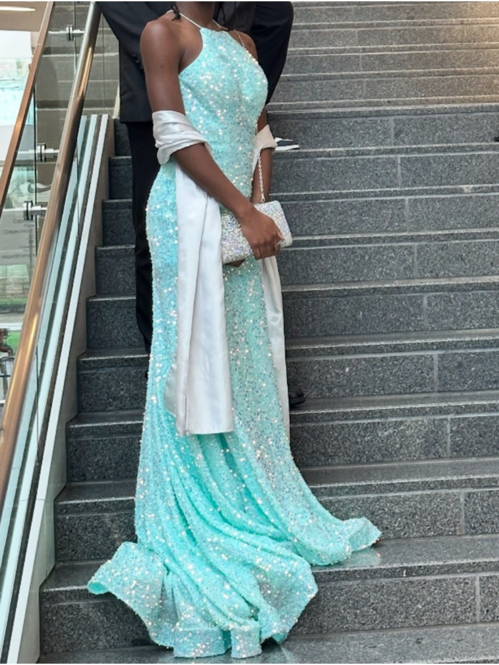 Elegant Sequin Halter Evening Gown in Aqua